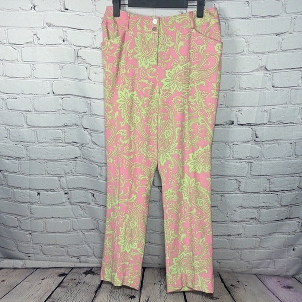 J. McLaughlin Pink and Lime Paisley Straight-Leg Pants